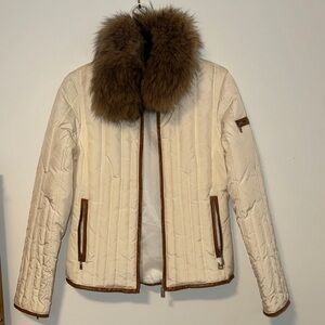Michael Kors Cream Quilted Jacket with Brown Fur Trim
